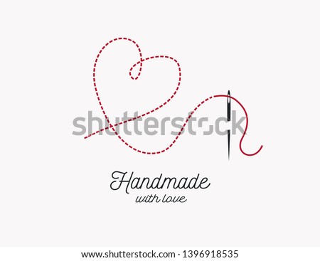 Handmade with love background vector. Needle and thread and heart shape illustration.