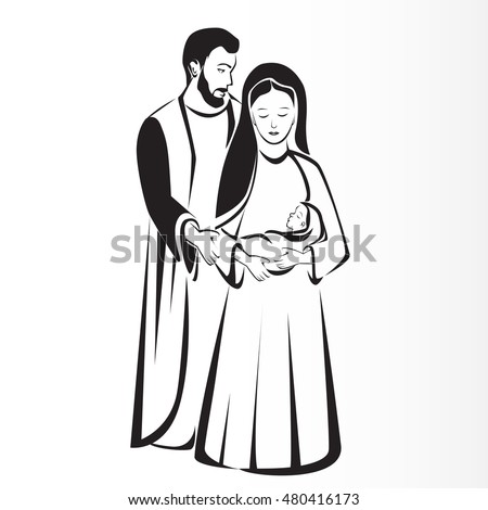 Joseph and Mary holding Jesus. Nativity vector. Christmas sketch drawings. Stylized holy family portrait.