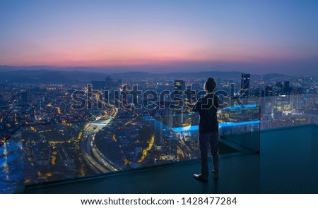 Similar – Image, Stock Photo People looking from balcony to landscape