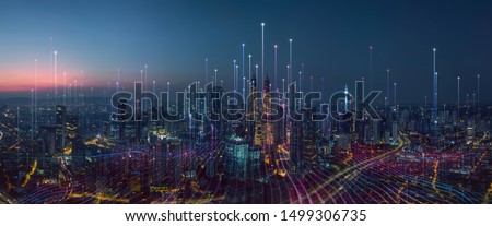 Smart city and abstract dot point connect with gradient line and aesthetic Intricate wave line design , big data connection technology concept . 商業照片 © 