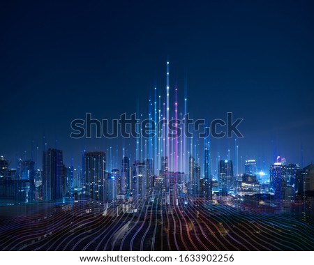 Photo of Smart city and abstract dot point connect with gradient line and aesthetic Intricate wave line design , big data connection technology concept .