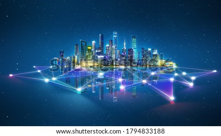 Photo of Abstract futuristic night city with dots and line connection. Concept for IOT, smart city, speed connection and intelligent network.