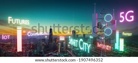 Telecommunication tower with info glowing font and particle glowing light connection design. Future innovative wireless fast network technology concept. 3d rendering