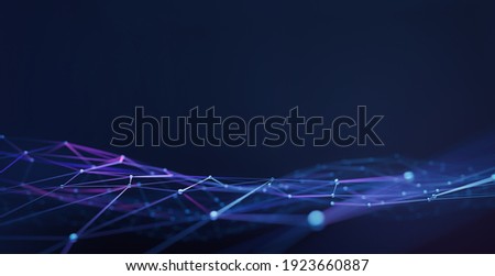 Plexus geometry or line and dot connection on dark blue background. Internet and communication technology design concept. 3d rendering
