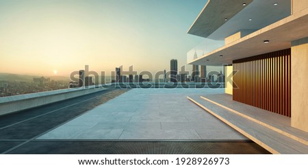 Empty cement floor with steel pavement, modern building exterior cityscape background.  Sunrise scene. Photorealistic 3D rendering.