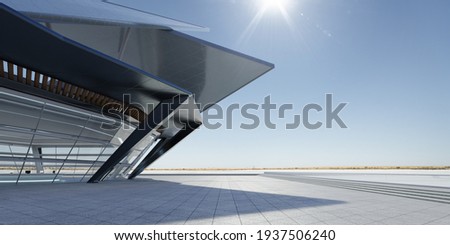 Panoramic view of empty concrete triangle shape floor with steel and glass modern building exterior.  Noon scene. Photorealistic 3D rendering.