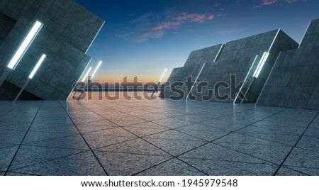 Triangle shape marble ground with thirty degree angle tilted contemporary building and lamp pole. 3d rendering