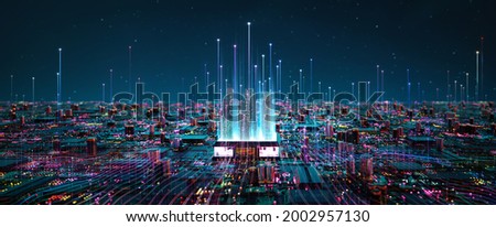 Smart chip processor with buildings. Big data connection technology concept. 3d rendering