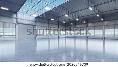 Industrial building warehouse interior with polished concrete floor and style transparent glass roof top. 3d rendering Foto d'archivio © 