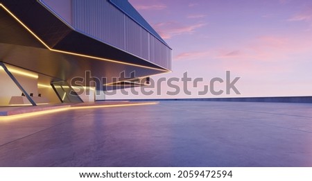 Horizontal view of empty cement floor with steel and glass modern building exterior.  Early morning scene. Photorealistic 3D rendering.