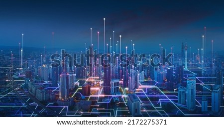 Smart city and abstract line and dot connect with gradient line design , big data connection technology concept. 3d render ストックフォト © 