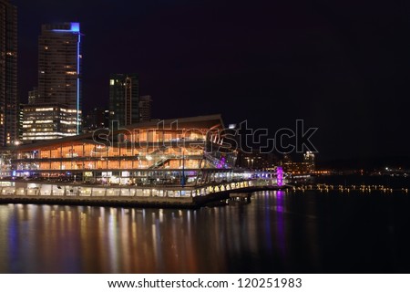 Vancouver Convention Center Night. The Vancouver Trade and Convention on the edge of Burrard Inlet at night.