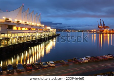 Burrard Inlet Waterfront Morning, Vancouver. The Vancouver Trade and Convention Center also known as \