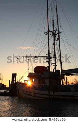 Sunset on the docks of Fisherman\'s Wharf in Steveston, British Columbia, Canada near Vancouver. At the mouth of the Fraser River.