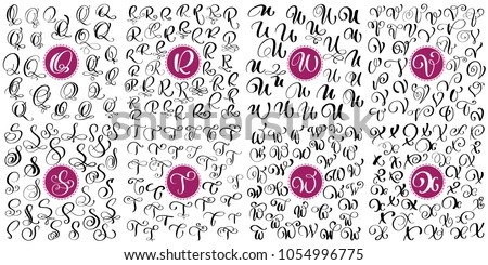 Set letter Q, R, S, T, U, V, W, X Hand drawn vector flourish calligraphy. Script font. Isolated letters written with ink. Handwritten brush style. Hand lettering for logos packaging design poster Stock fotó © 