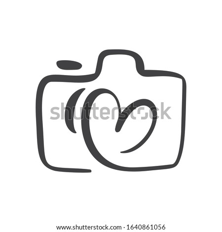 Calligraphic brush camera with heart graphic design concept, logo vector set. Valentine card graphic photo icon.