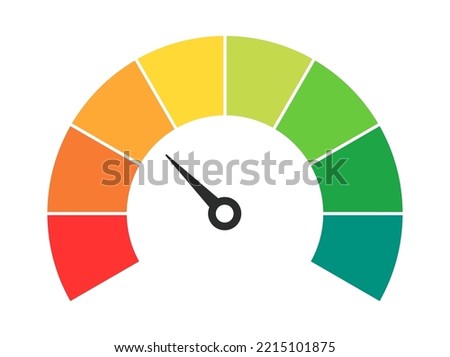 Vector speedometer meter with arrow for dashboard with green, yellow, red indicators. Gauge of tachometer. Low, medium, high and risk levels. Bitcoin fear and greed index cryptocurrency.