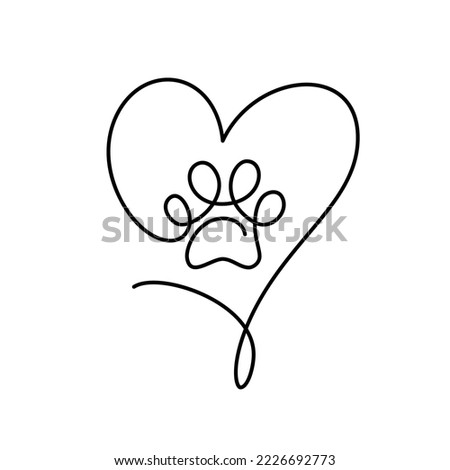 Cat or dog paw with big heart in continuous one line drawing logo. Minimal line art. Animal foorprint in frame. Pet love concept.
