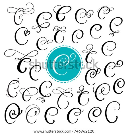 Set of Hand drawn vector calligraphy letter C. Script font. Isolated letters written with ink. Handwritten brush style. Hand lettering for logos packaging design poster. Typographic set on white