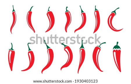 Set or collection of red hot chili peppers on white background