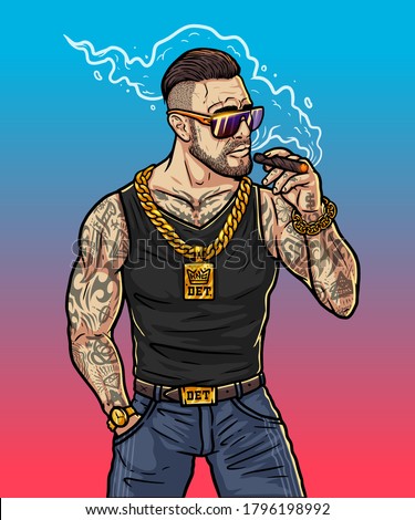 Rich hipstet with cigar - cartoon character. Boss gangster in sunglasses with gold chain. Brutal man smokes cigar near the club. Fashionable rapper with cigar in hand. Boy with gold watch on his hand