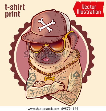 Pug in tattoos. Prints on T-shirts, sweatshirts, cases for mobile phones, souvenirs. Tattoo, images for print. Brutal pug gangster with gold chain. Isolated vector illustration on white background.