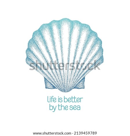 Scallop shell illustration in dotwork style. Life is better by the sea typography Photo stock © 