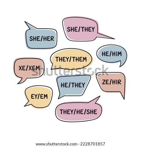 Various personal gender pronouns in speech bubbles including gender neutral, multiple and neopronouns