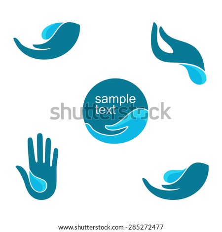 Set of emblems and labels with human hands and water drops for natural beauty, health care and ecology design