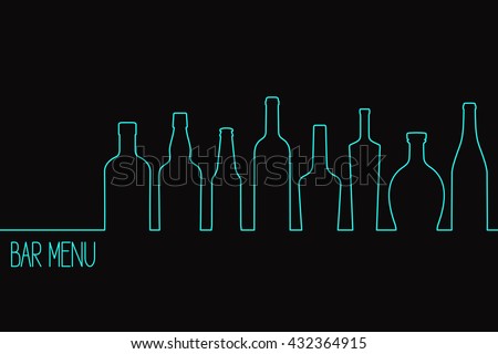 Linear style design for bar drinks menu or cocktail party invitation with various bottles 