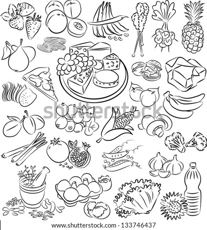 vector illustration of  food collection in black and white