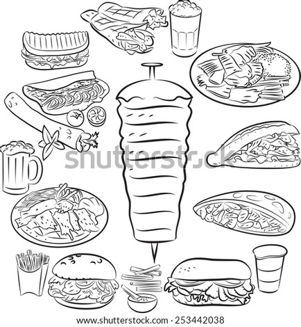 Vector Illustration Of Doner Kebab Collection In Line Art Mode