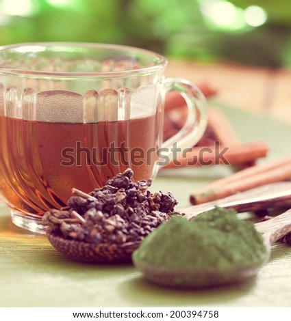 Green tea and spoon of dried green tea leaves-Filtered Image