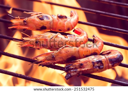 Barbecued prawns on the grill