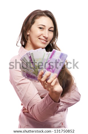 happy woman with money on a white background