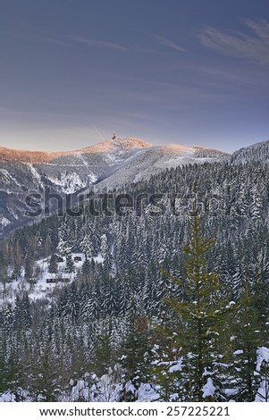 Winter snowy  and wooded mountains with the sky