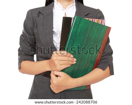 busy businesswoman carrying a lot of books, isolated on white background