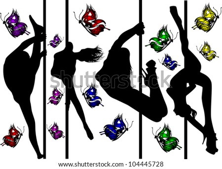 set of black silhouettes of dancing girls strip and bright butterflies