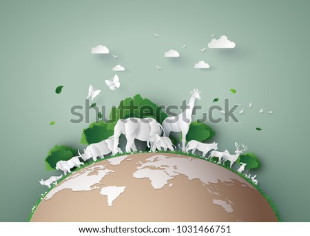  World Wildlife Day  and world animal day with the animal in forest , Papercut  art and digital craft style.