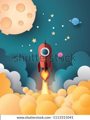 Space rocket launch and galaxy .paper art style.