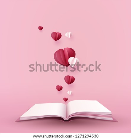 concept of love and valentine day with hot  heart shape over the book, paper art 3d from digital craft.