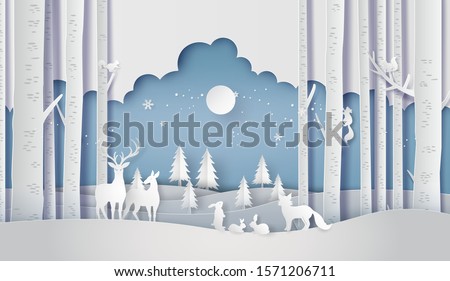 Illustration of winter season and Merry Christmas . The animal in forest with fullmoon,paper art and craft style