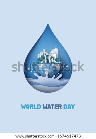 concept of ecology and world water day with family. Paper art and digital craft style.