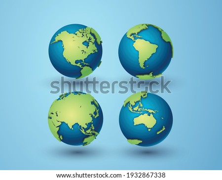 Pack of earth globes with Asia,North America,South America,Australia