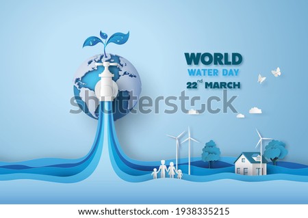 concept of ecology and world water day . Paper art ,paper cut , paper collage style with digital craft .
