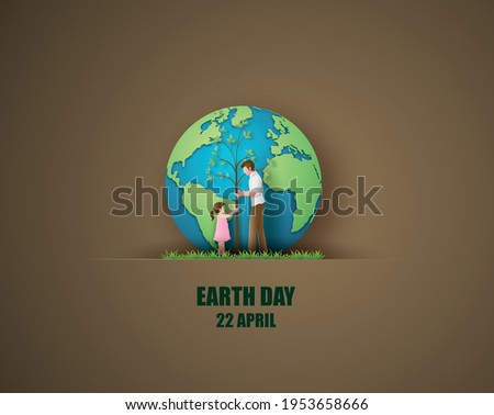 World environment and earth day concept with dad and daughter
plant a tree,paper cut , paper collage style with digital craft .
