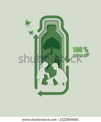 environment and recycle concept with a bottle sharp , family ,tree and global inside . Eco friendly waste reuse. vector illustration in paper art style.