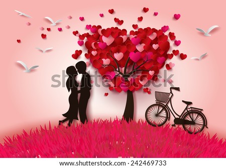 Concept of valentine day , two enamored under a love tree in the spring season,paper art  and craft style.