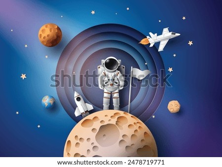 Paper art style.Captivating cartoon  an astronaut standing on the moon, surrounded by rockets, planets, and stars. artwork is perfect for educational materials, children's books, and space exploration