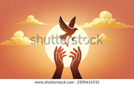 Embrace peace and freedom, symbolized by the release of doves into the serene sunset sky, International Peace Day,content was created using vector drawing tools and software, not generated by AI